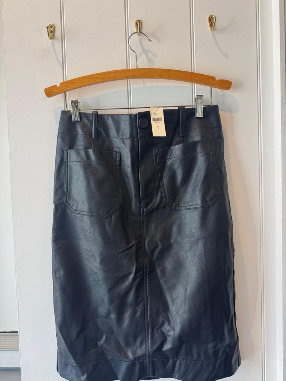 Maeve Black Faux Leather Pencil Skirt with Front Patch Pockets